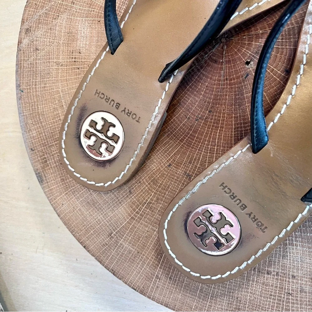 Tory Burch Black Patent Leather Flip Sandals with Tan Footbed